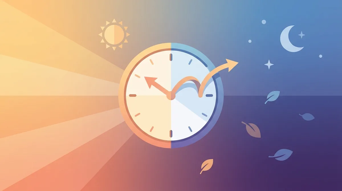 Un reloj analógico cuyas manecillas se ajustan una hora hacia adelante contra un cielo de amanecer primaveral, ilustrando el horario de verano