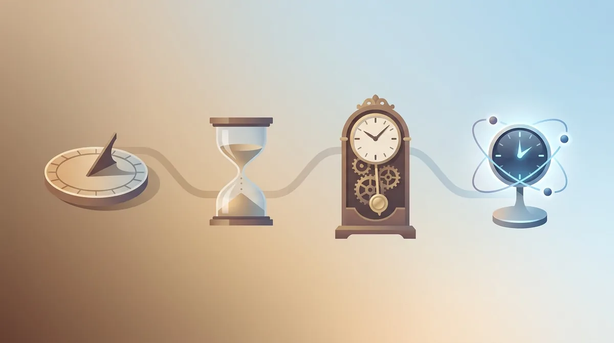 Una línea de tiempo visual de dispositivos de medición del tiempo, desde un reloj de sol egipcio antiguo y un reloj de agua hasta un reloj de péndulo, un cronómetro marino y un reloj atómico moderno.