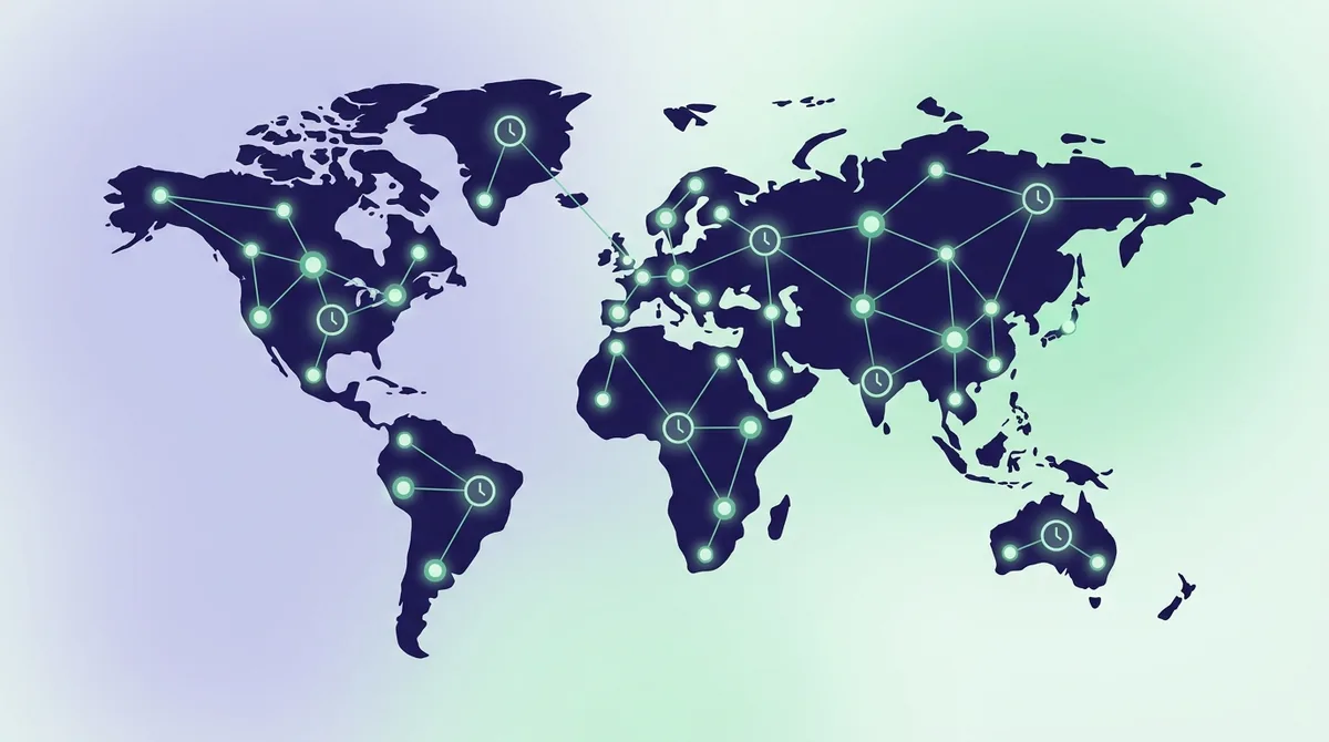 Un mapa mundial con límites de zonas horarias e identificadores IANA como America/New_York, Europe/London y Asia/Kolkata