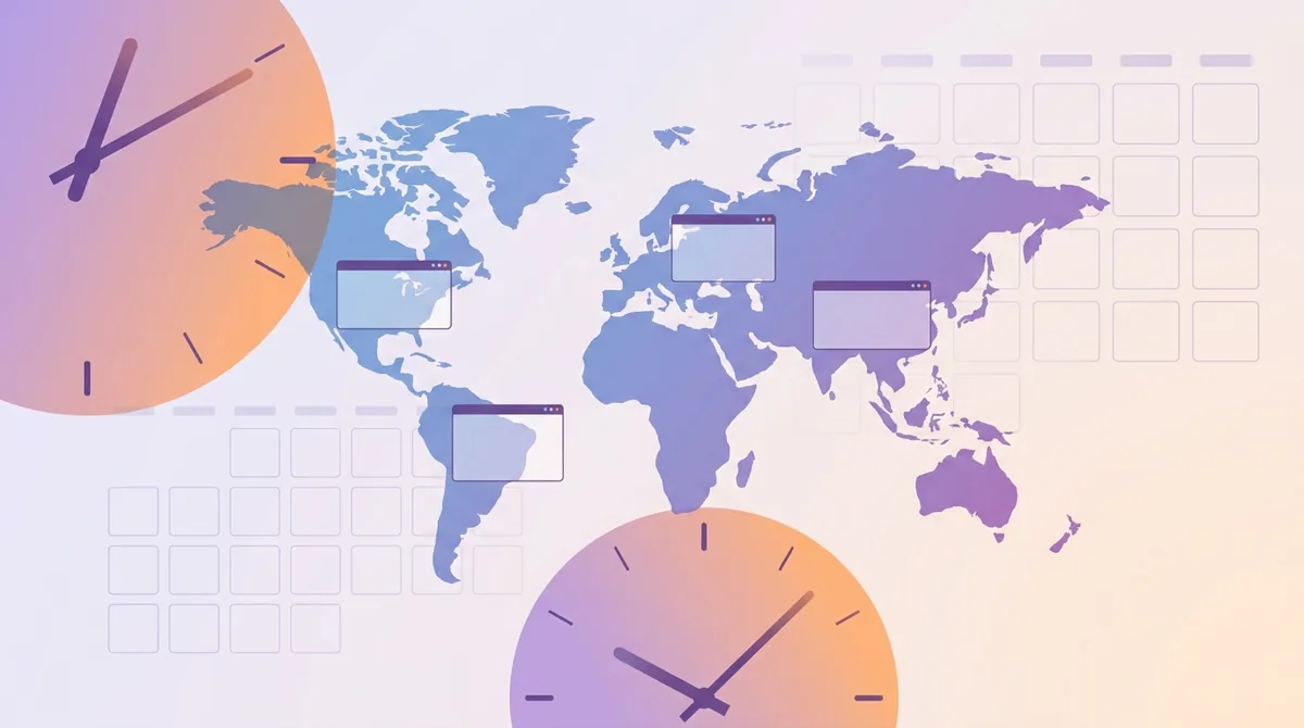 Una fila de relojes de pared que muestran diferentes horas para Londres, Nueva York y Bombay sobre un calendario de reuniones compartido