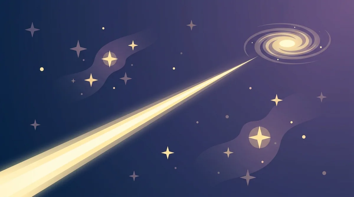 Un haz de luz estelar que se extiende a través del espacio profundo hacia una galaxia espiral lejana, ilustrando la vasta distancia que la luz recorre en un año luz